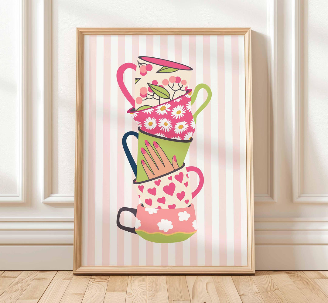 Stacked Colourful Tea Cup Print, Bright Pink Kitchen Poster, Striped Fun Retro Wall Art, Green White Flower Picture, Pretty Floral Decor