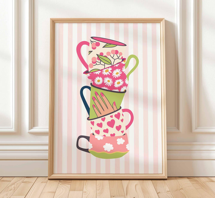 Stacked Colourful Tea Cup Print, Bright Pink Kitchen Poster, Striped Fun Retro Wall Art, Green White Flower Picture, Pretty Floral Decor