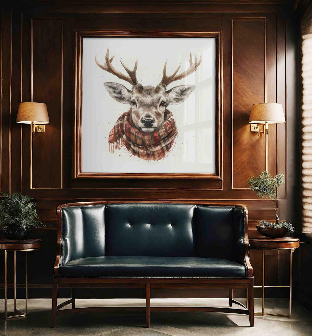Vintage Winter Stag Head Print, Watercolour Deer Wall Art, Tartan scarf Animal Country Decor, Woodland Forest Poster, Cute Antler Picture