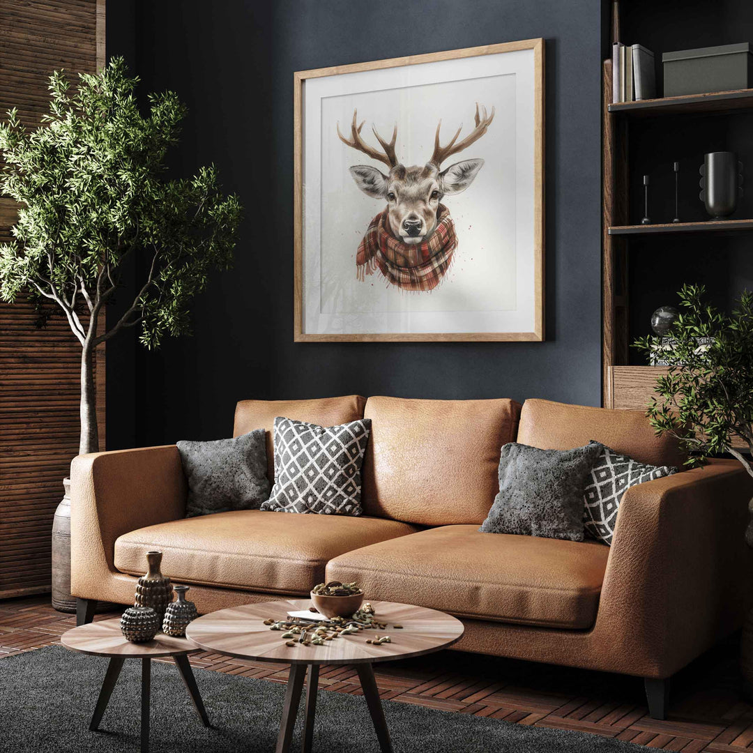 Vintage Winter Stag Head Print, Watercolour Deer Wall Art, Tartan scarf Animal Country Decor, Woodland Forest Poster, Cute Antler Picture