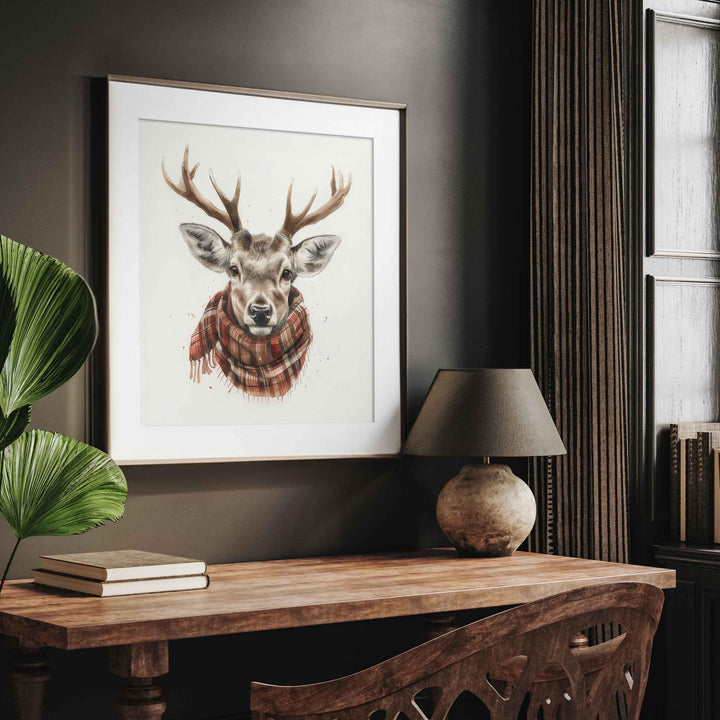 Vintage Winter Stag Head Print, Watercolour Deer Wall Art, Tartan scarf Animal Country Decor, Woodland Forest Poster, Cute Antler Picture