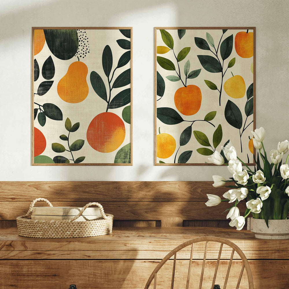 Set of 2 Botanical Abstract Fruit Prints, Farmhouse Orchard Poster, Kitchen Garden Wall Art, Autumn Harvest Apples And Pears Food Decor