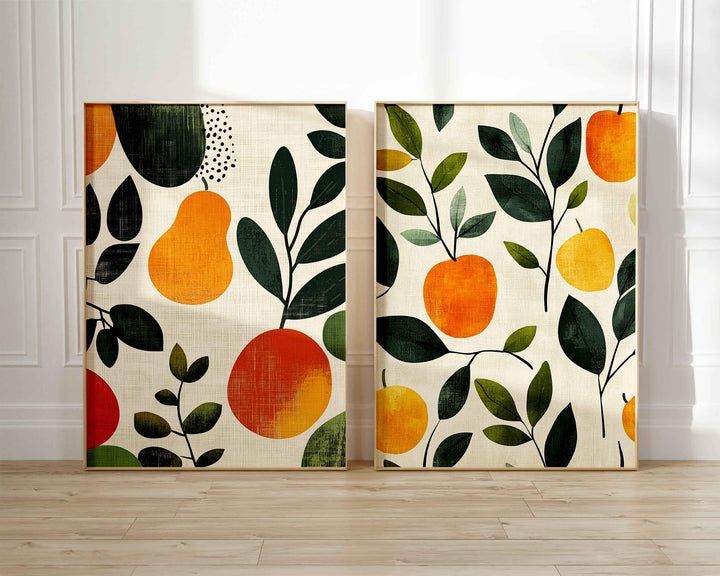 Set of 2 Botanical Abstract Fruit Prints, Farmhouse Orchard Poster, Kitchen Garden Wall Art, Autumn Harvest Apples And Pears Food Decor