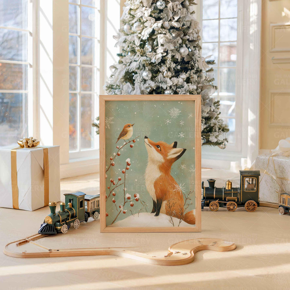 Winter Fox Whimsical Vintage Christmas Print, Winter Holiday Season Wall Decor, Unique Seasonal Gift Idea, Kids Cute Nursery Animal Poster