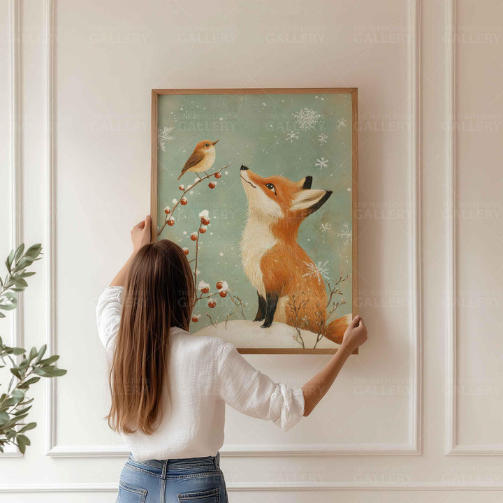 Winter Fox Whimsical Vintage Christmas Print, Winter Holiday Season Wall Decor, Unique Seasonal Gift Idea, Kids Cute Nursery Animal Poster