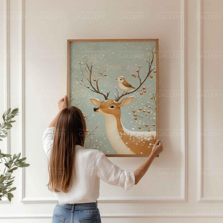 Winter Deer Whimsical Vintage Christmas Print, Holiday Season Wall Decor, Unique Gift Idea, Kids Cute Nursery Animal Poster, Woodland Art