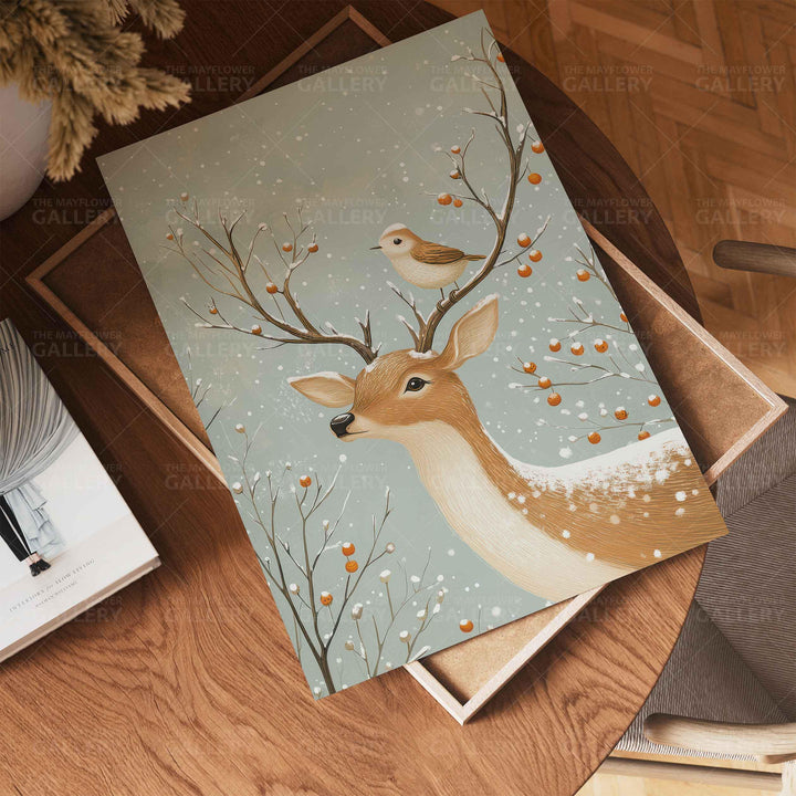 Winter Deer Whimsical Vintage Christmas Print, Holiday Season Wall Decor, Unique Gift Idea, Kids Cute Nursery Animal Poster, Woodland Art