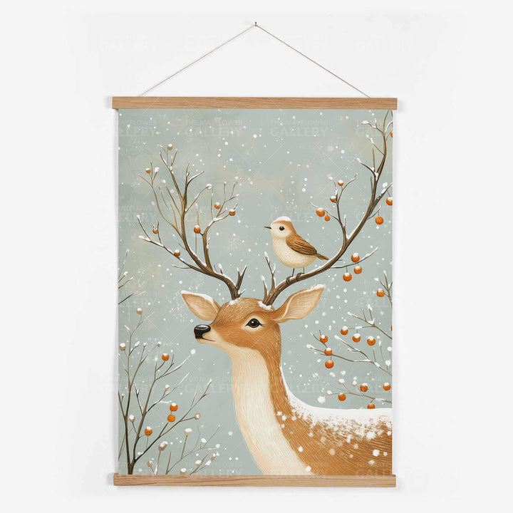 Winter Deer Whimsical Vintage Christmas Print, Holiday Season Wall Decor, Unique Gift Idea, Kids Cute Nursery Animal Poster, Woodland Art