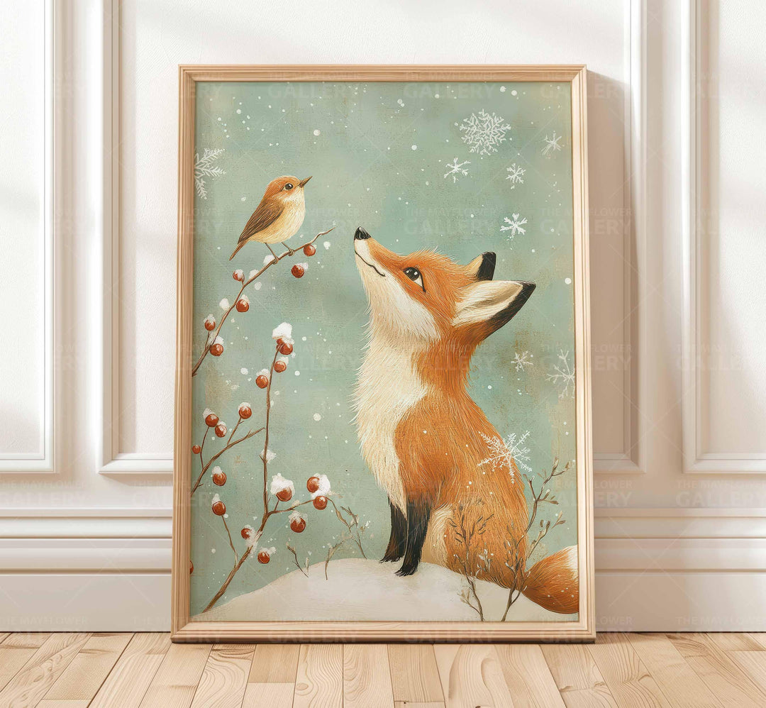 Winter Fox Whimsical Vintage Christmas Print, Winter Holiday Season Wall Decor, Unique Seasonal Gift Idea, Kids Cute Nursery Animal Poster
