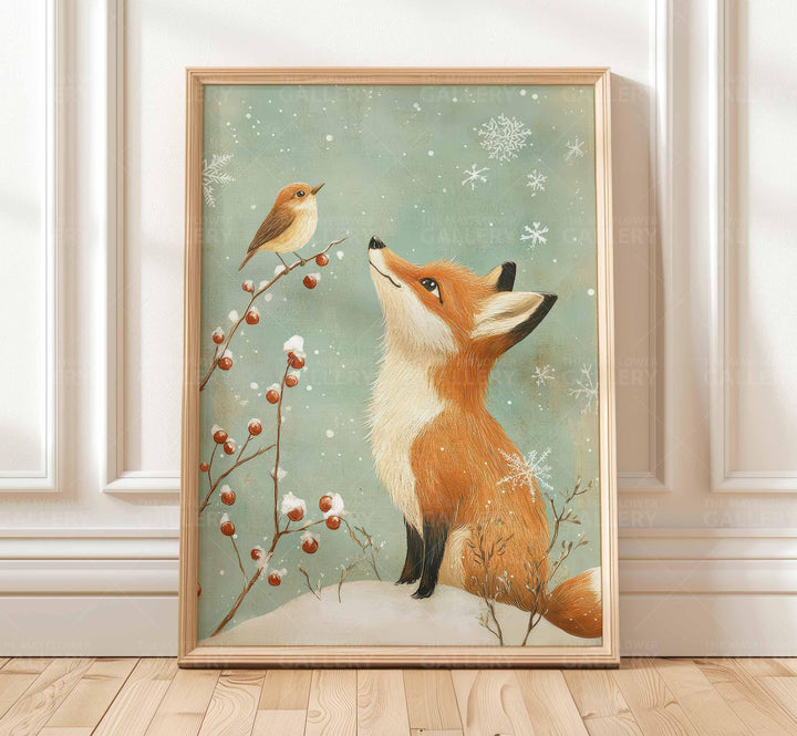 Winter Fox Whimsical Vintage Christmas Print, Winter Holiday Season Wall Decor, Unique Seasonal Gift Idea, Kids Cute Nursery Animal Poster