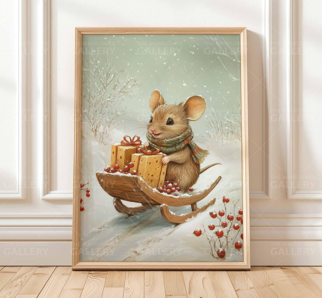 Winter Mouse Whimsical Vintage Christmas Print, Holiday Season Decor, Unique Christmas Gift Idea, Kids Cute Nursery Animal Poster, Snow Art