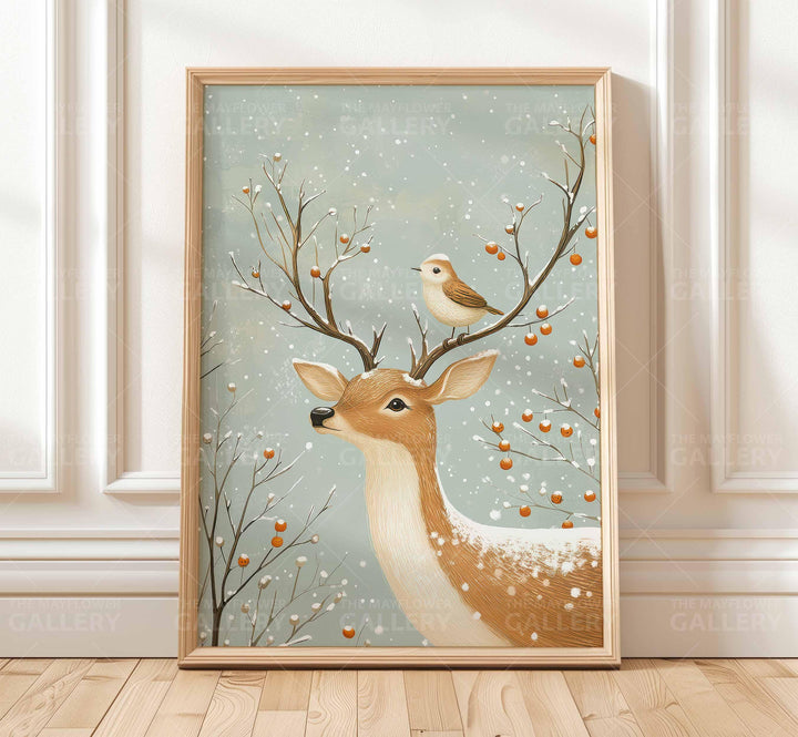 Winter Deer Whimsical Vintage Christmas Print, Holiday Season Wall Decor, Unique Gift Idea, Kids Cute Nursery Animal Poster, Woodland Art
