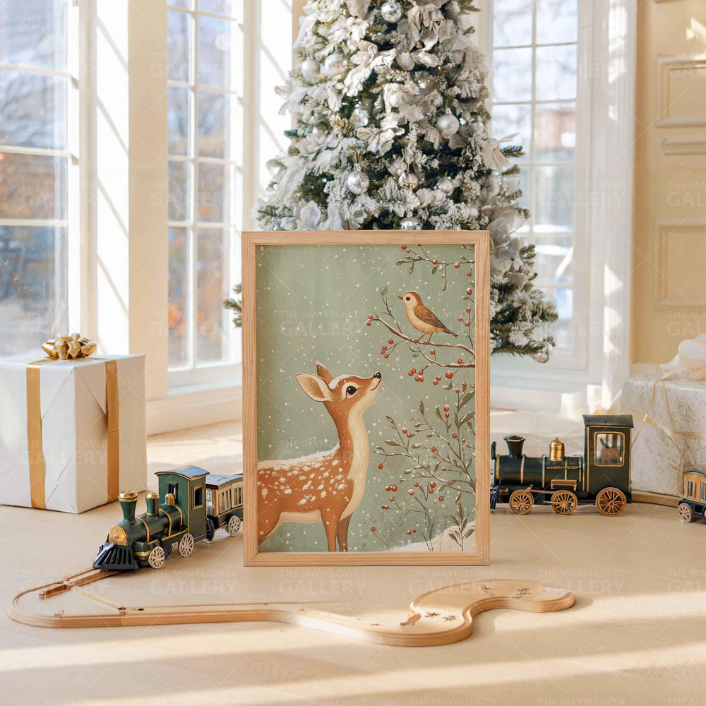 Winter Deer Whimsical Vintage Christmas Print, Holiday Season Wall Decor, Unique Gift Idea, Kids Cute Nursery Woodland Animal Poster Art