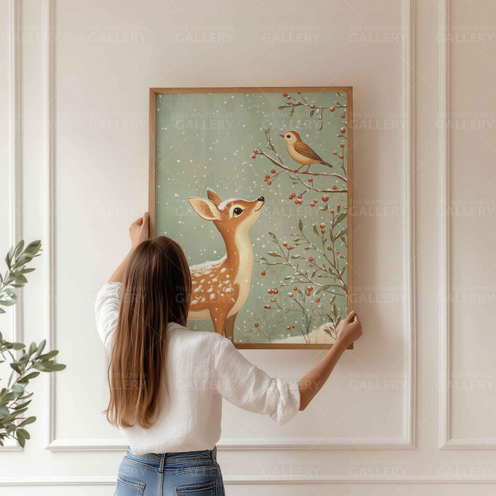 Winter Deer Whimsical Vintage Christmas Print, Holiday Season Wall Decor, Unique Gift Idea, Kids Cute Nursery Woodland Animal Poster Art
