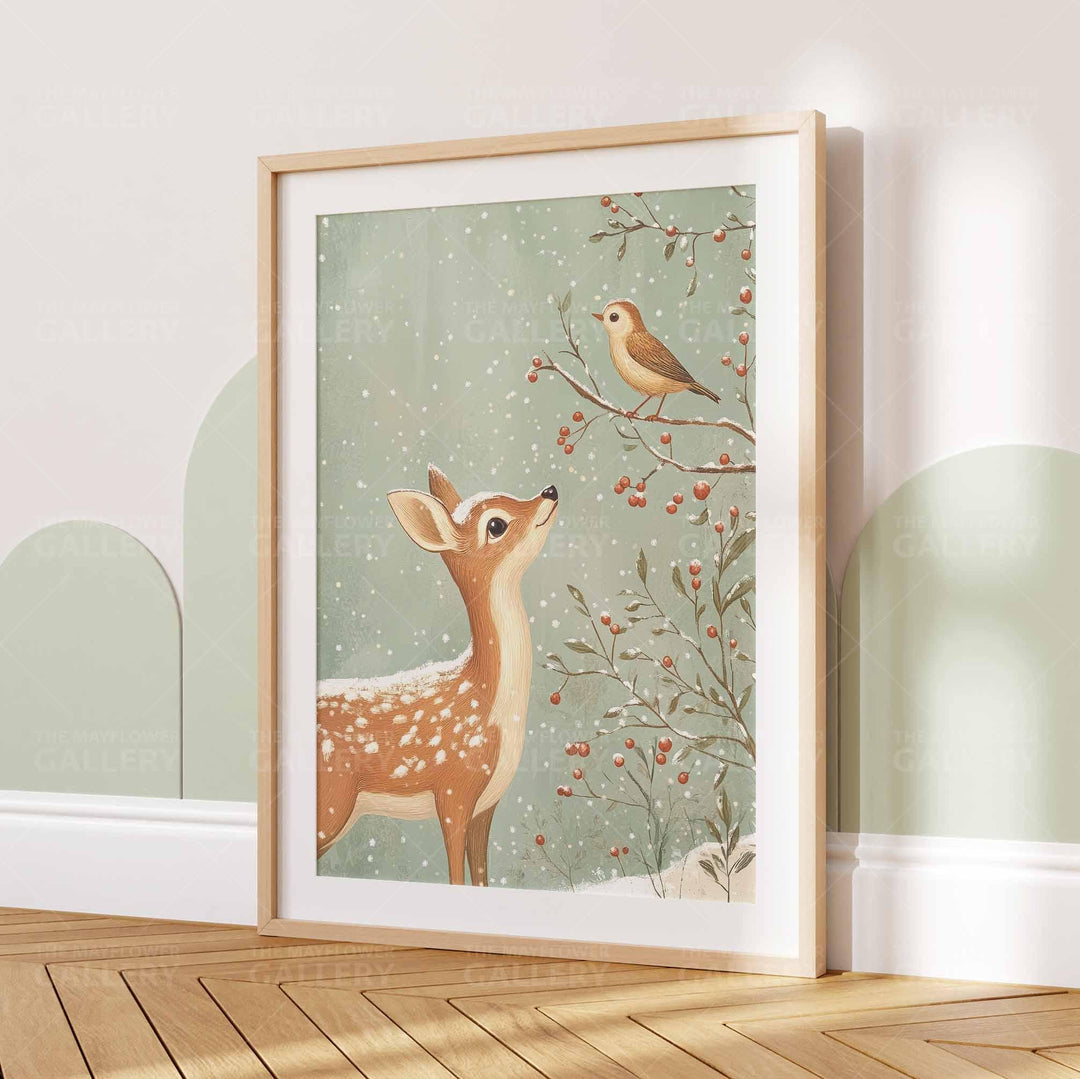 Winter Deer Whimsical Vintage Christmas Print, Holiday Season Wall Decor, Unique Gift Idea, Kids Cute Nursery Woodland Animal Poster Art