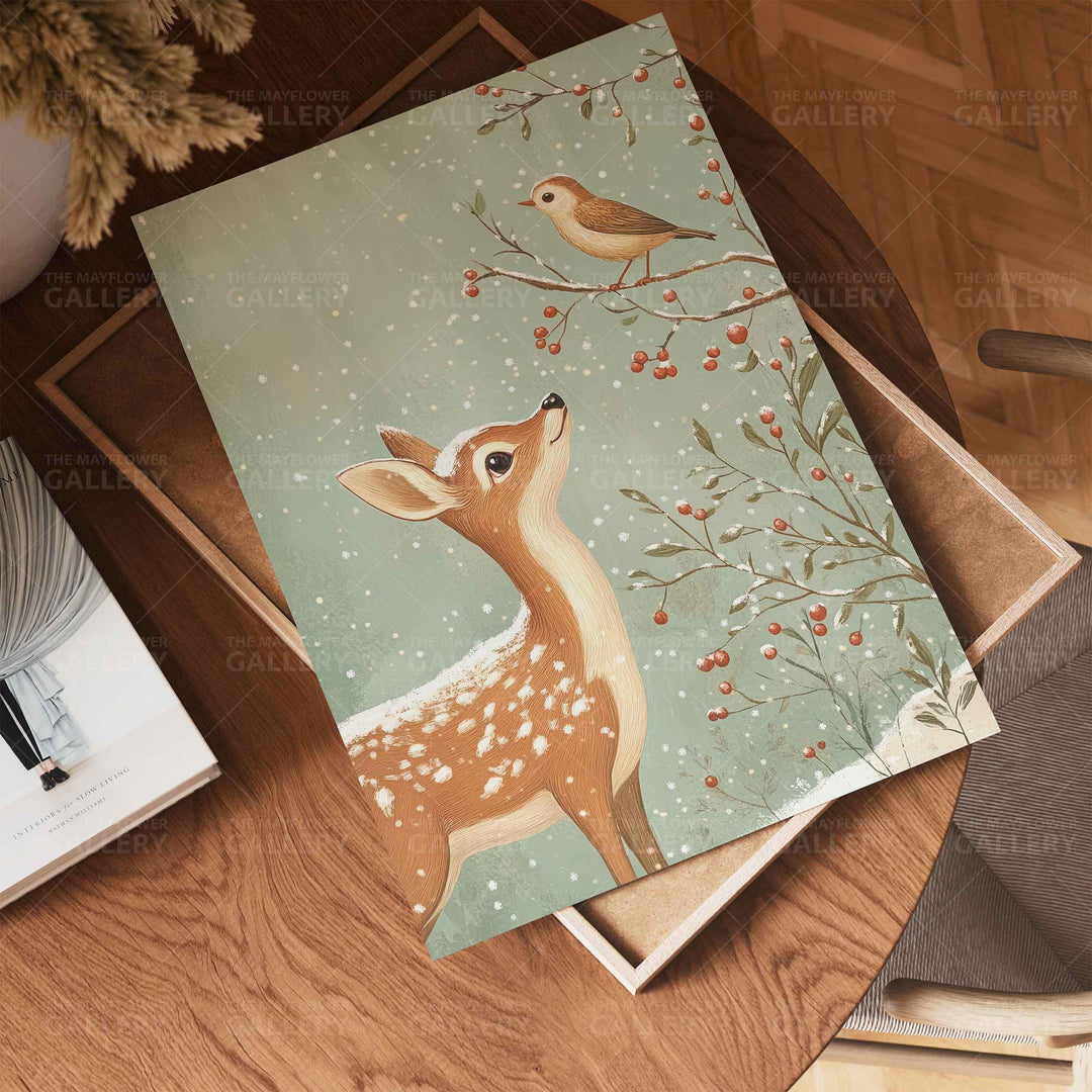 Winter Deer Whimsical Vintage Christmas Print, Holiday Season Wall Decor, Unique Gift Idea, Kids Cute Nursery Woodland Animal Poster Art