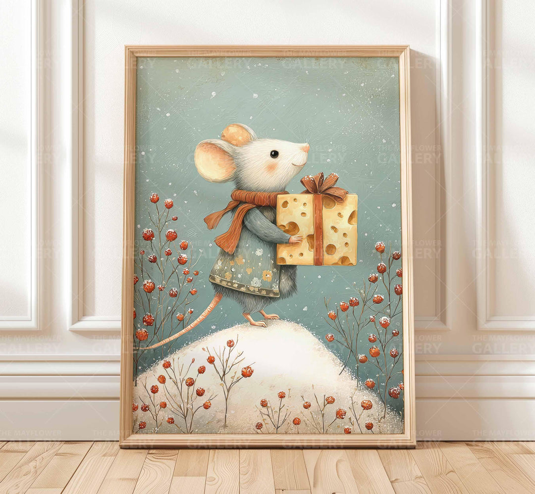 Winter Mouse Whimsical Vintage Christmas Print, Holiday Season Decor, Unique Festive Gift Idea, Kids Cute Nursery Animal Poster, Snow Art