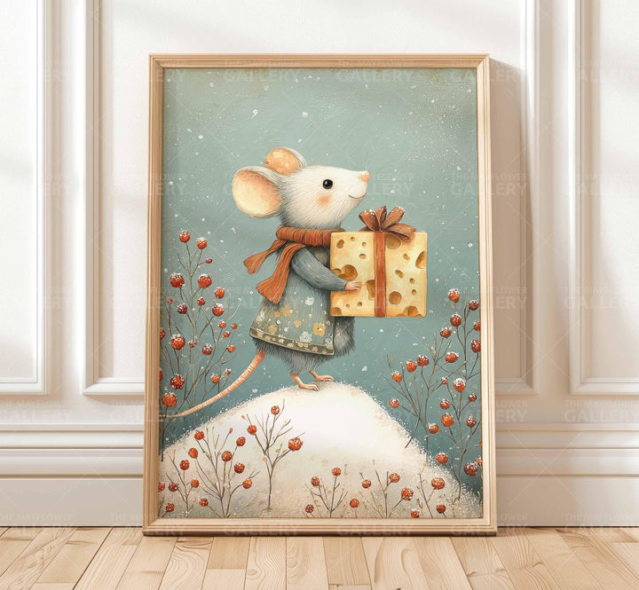Winter Mouse Whimsical Vintage Christmas Print, Holiday Season Decor, Unique Festive Gift Idea, Kids Cute Nursery Animal Poster, Snow Art