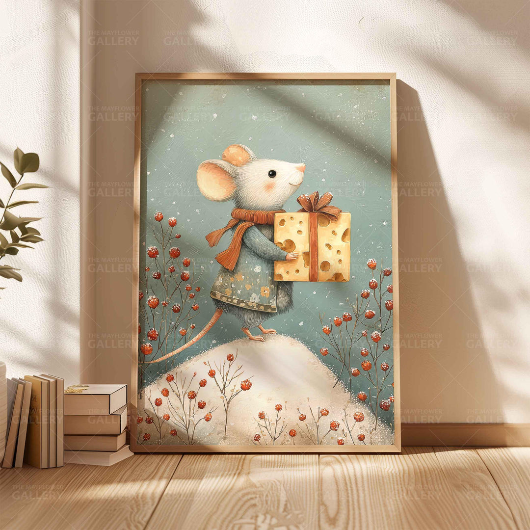 Winter Mouse Whimsical Vintage Christmas Print, Holiday Season Decor, Unique Festive Gift Idea, Kids Cute Nursery Animal Poster, Snow Art