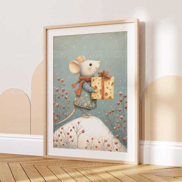 Winter Mouse Whimsical Vintage Christmas Print, Holiday Season Decor, Unique Festive Gift Idea, Kids Cute Nursery Animal Poster, Snow Art