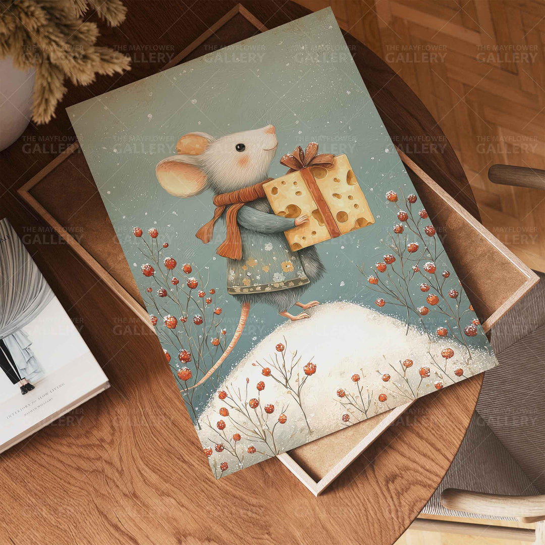 Winter Mouse Whimsical Vintage Christmas Print, Holiday Season Decor, Unique Festive Gift Idea, Kids Cute Nursery Animal Poster, Snow Art