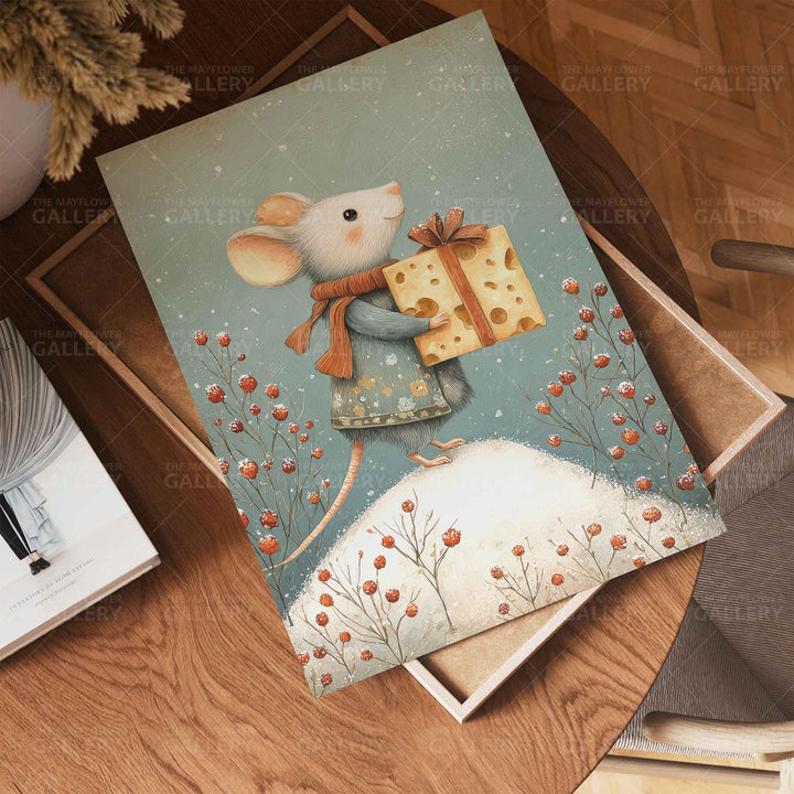 Winter Mouse Whimsical Vintage Christmas Print, Holiday Season Decor, Unique Festive Gift Idea, Kids Cute Nursery Animal Poster, Snow Art