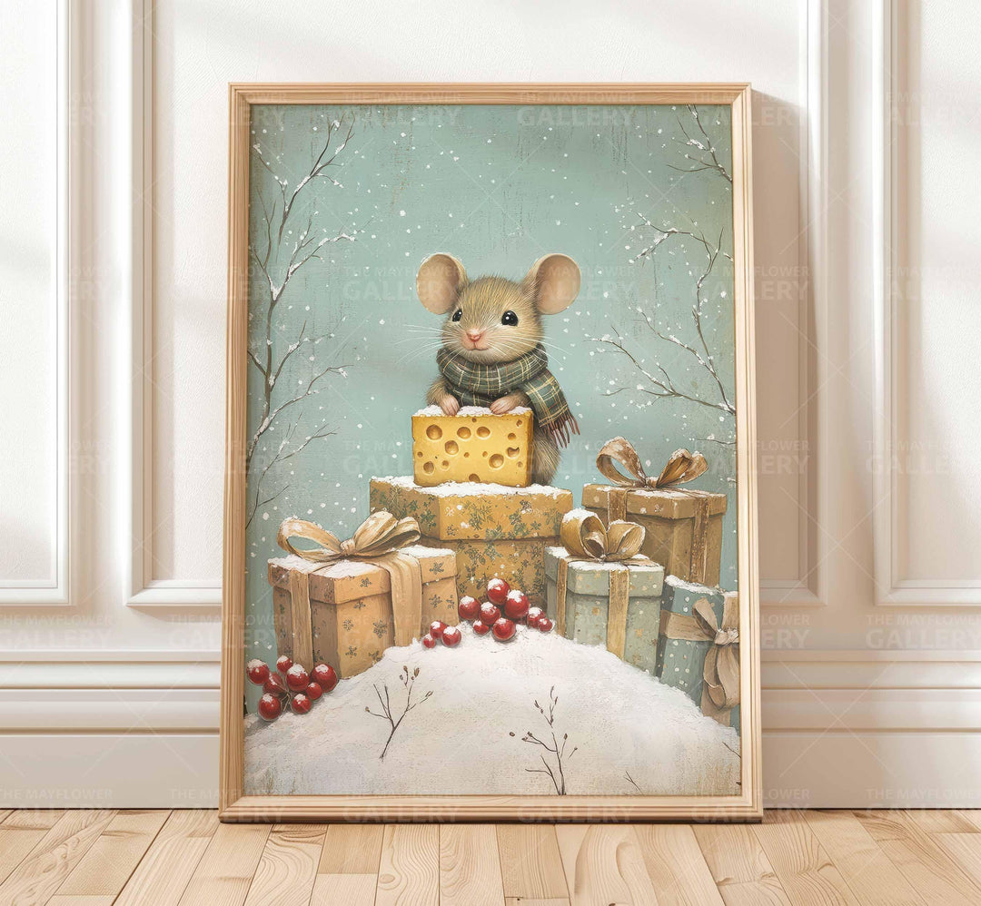 Winter Mouse Whimsical Vintage Christmas Print, Holiday Season Decor, Unique Festive Gift Idea, Kids Cute Nursery Animal Poster, Snow Scene