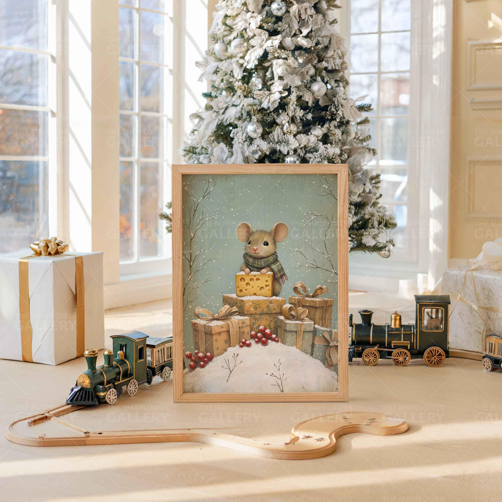 Winter Mouse Whimsical Vintage Christmas Print, Holiday Season Decor, Unique Festive Gift Idea, Kids Cute Nursery Animal Poster, Snow Scene