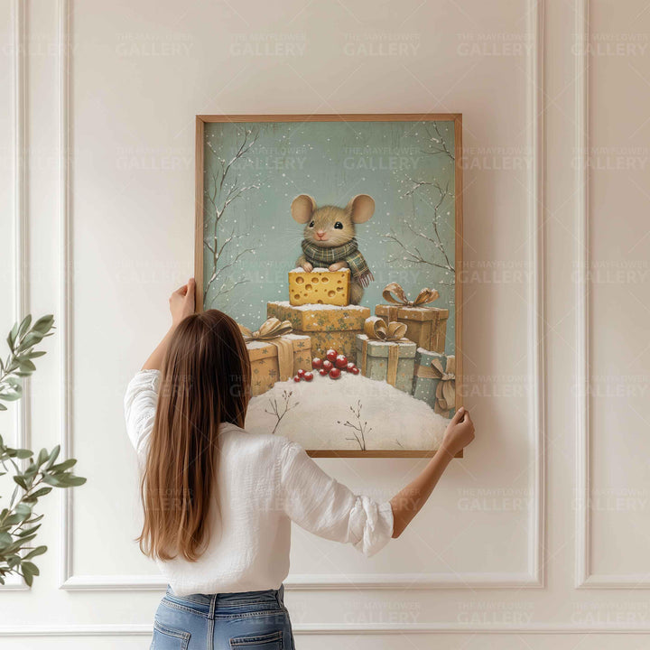 Winter Mouse Whimsical Vintage Christmas Print, Holiday Season Decor, Unique Festive Gift Idea, Kids Cute Nursery Animal Poster, Snow Scene