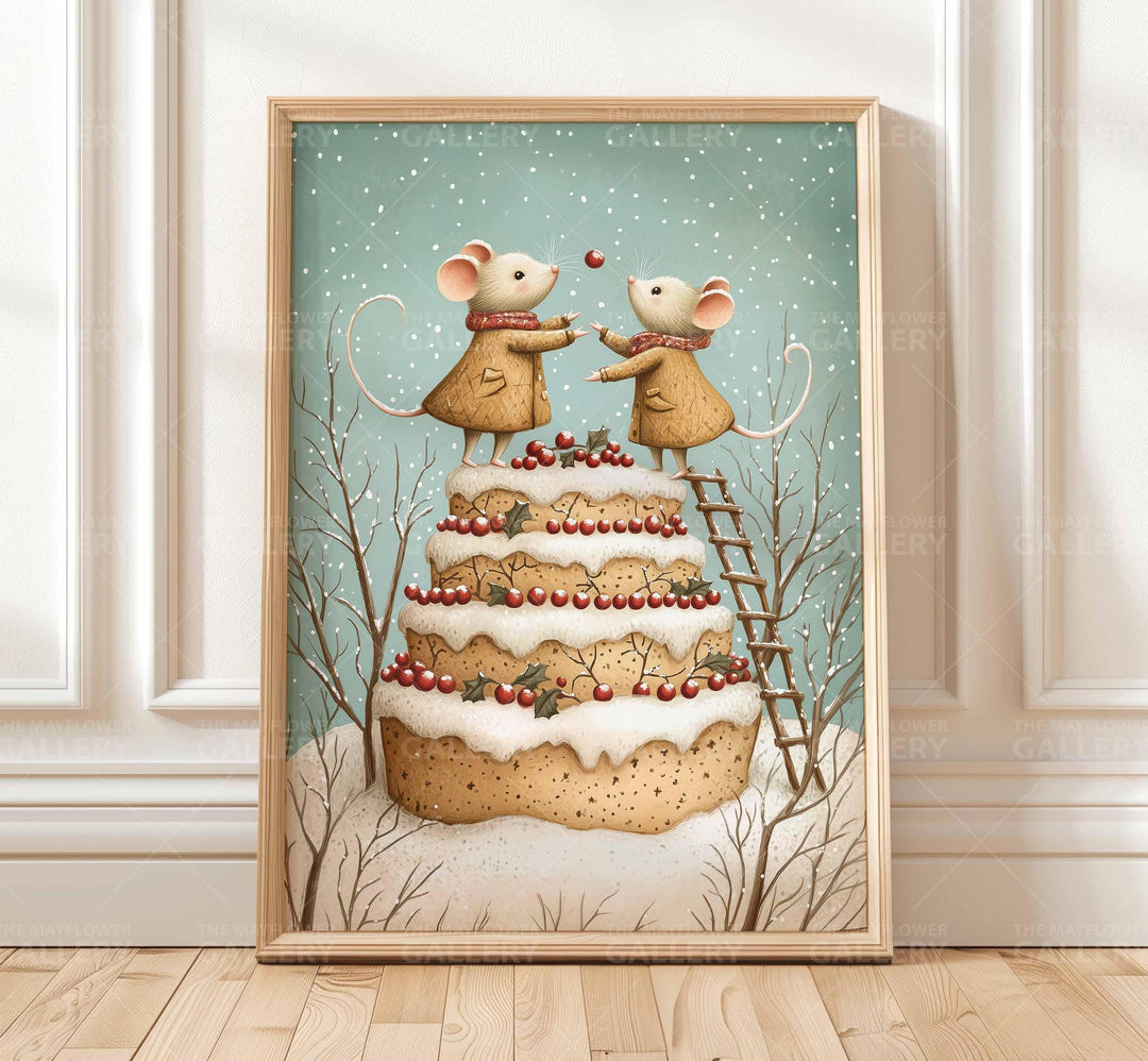 Winter Mouse Whimsical Vintage Christmas Print, Holiday Season Decor, Unique Festive Gift Idea, Kids Cute Nursery Animal Poster, Snow Art