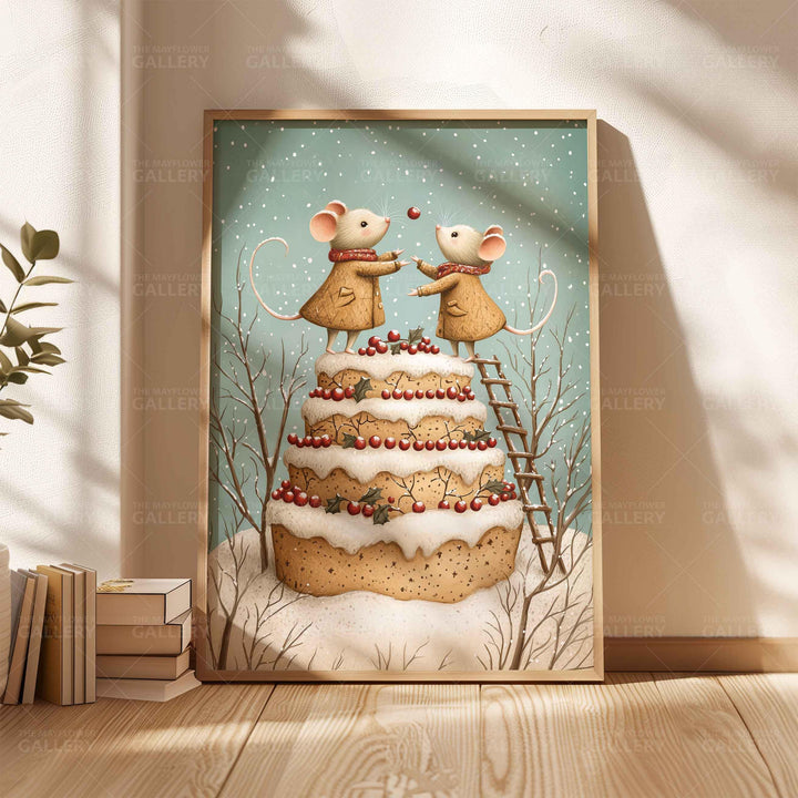 Winter Mouse Whimsical Vintage Christmas Print, Holiday Season Decor, Unique Festive Gift Idea, Kids Cute Nursery Animal Poster, Snow Art