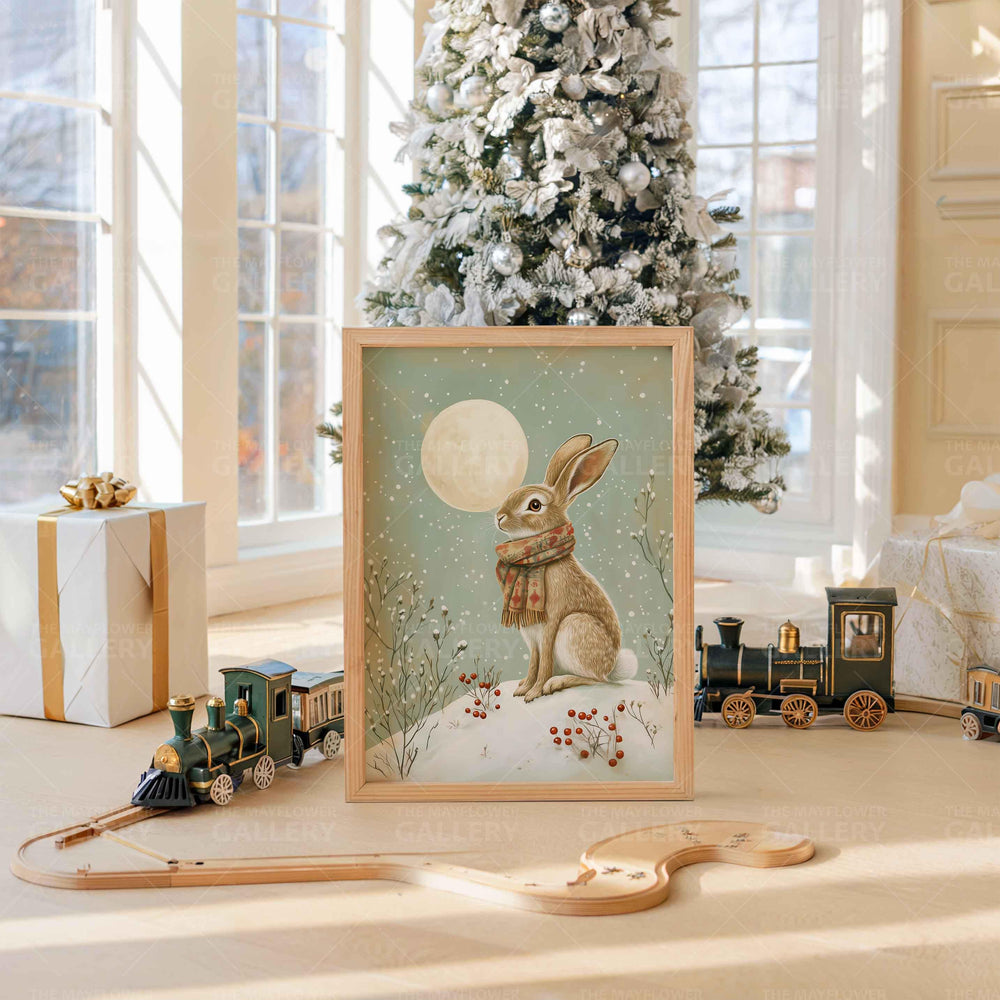 Winter Hare Whimsical Vintage Christmas Print, Holiday Season Decor, Unique Festive Gift Idea, Kids Cute Nursery Animal Poster, Snow Art