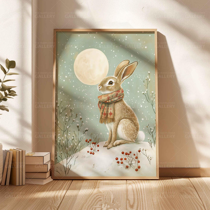 Winter Hare Whimsical Vintage Christmas Print, Holiday Season Decor, Unique Festive Gift Idea, Kids Cute Nursery Animal Poster, Snow Art