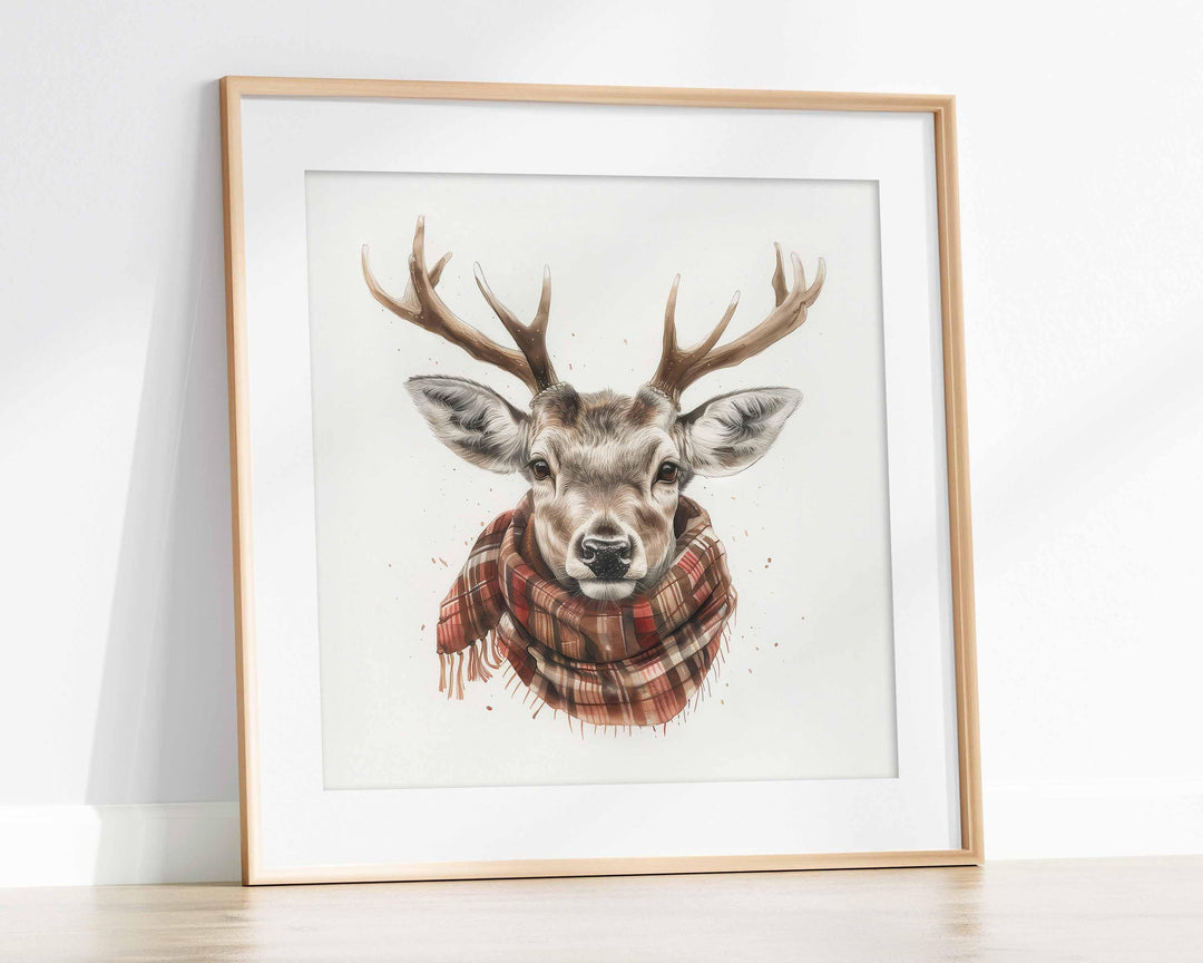 Vintage Winter Stag Head Print, Watercolour Deer Wall Art, Tartan scarf Animal Country Decor, Woodland Forest Poster, Cute Antler Picture