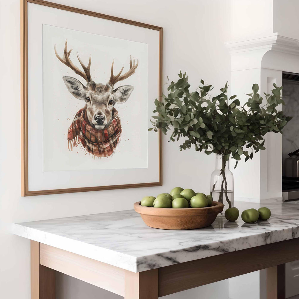 Vintage Winter Stag Head Print, Watercolour Deer Wall Art, Tartan scarf Animal Country Decor, Woodland Forest Poster, Cute Antler Picture