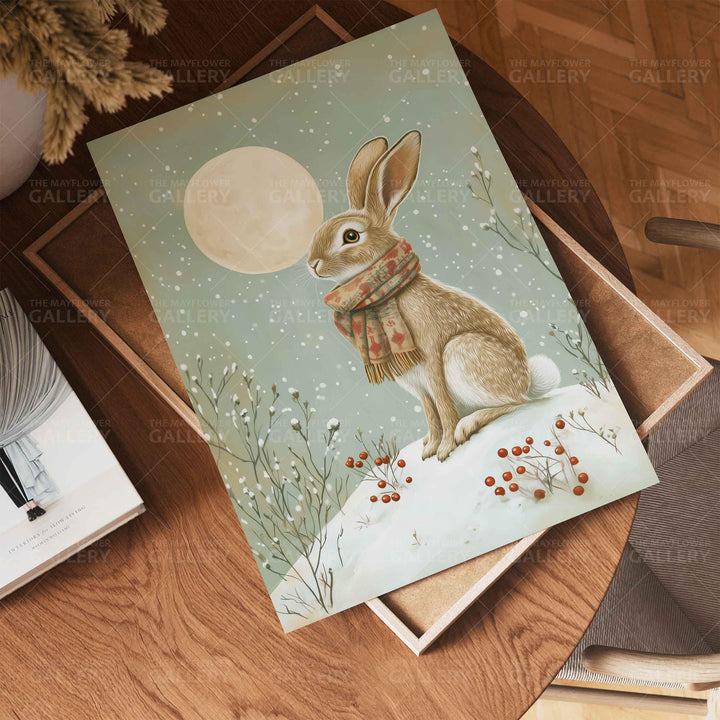 Winter Hare Whimsical Vintage Christmas Print, Holiday Season Decor, Unique Festive Gift Idea, Kids Cute Nursery Animal Poster, Snow Art