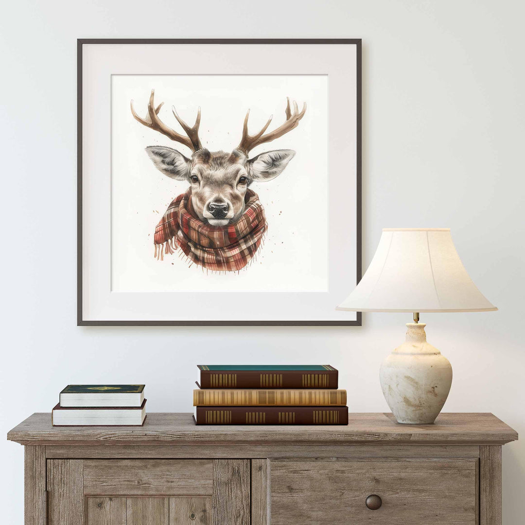 Vintage Winter Stag Head Print, Watercolour Deer Wall Art, Tartan scarf Animal Country Decor, Woodland Forest Poster, Cute Antler Picture