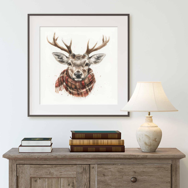 Vintage Winter Stag Head Print, Watercolour Deer Wall Art, Tartan scarf Animal Country Decor, Woodland Forest Poster, Cute Antler Picture