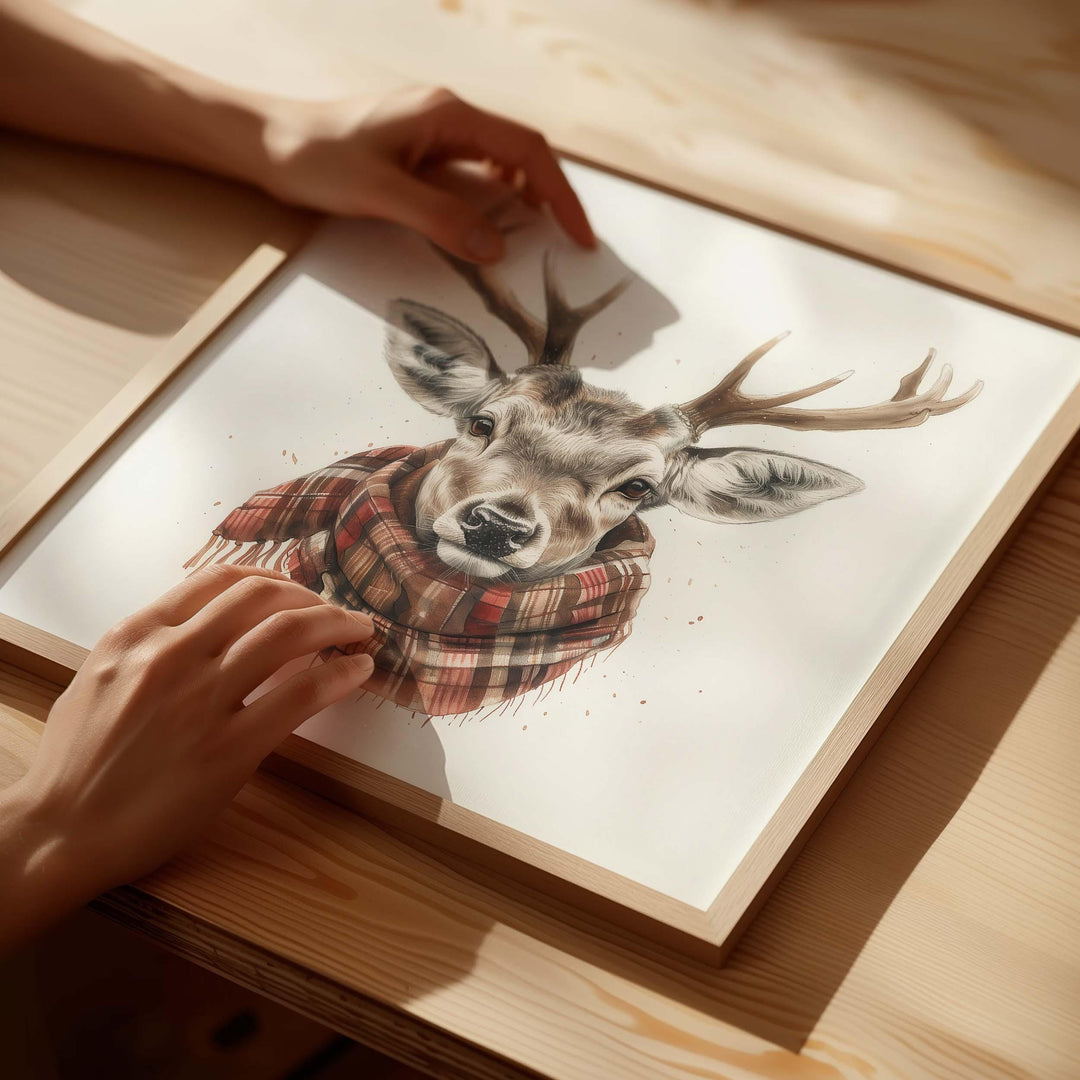 Vintage Winter Stag Head Print, Watercolour Deer Wall Art, Tartan scarf Animal Country Decor, Woodland Forest Poster, Cute Antler Picture