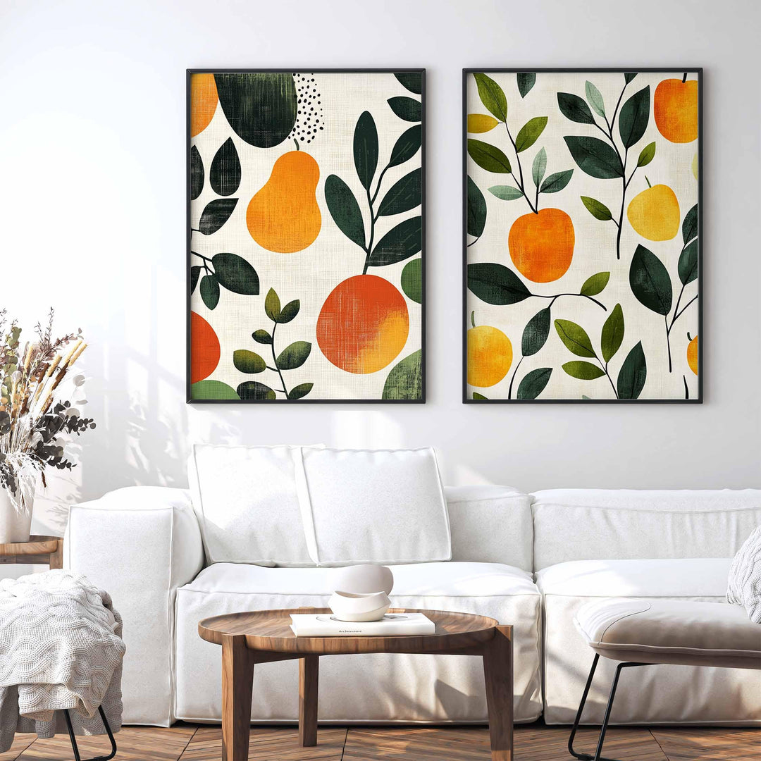 Set of 2 Botanical Abstract Fruit Prints, Farmhouse Orchard Poster, Kitchen Garden Wall Art, Autumn Harvest Apples And Pears Food Decor
