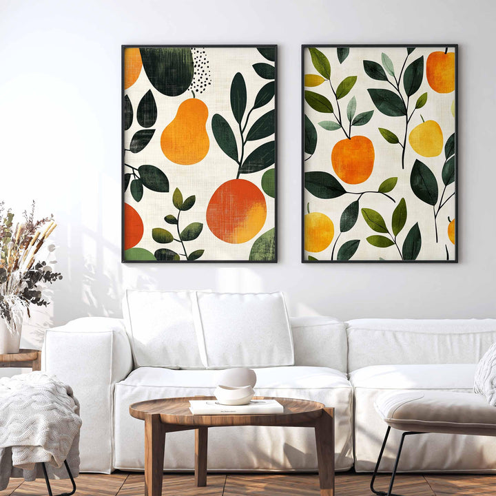 Set of 2 Botanical Abstract Fruit Prints, Farmhouse Orchard Poster, Kitchen Garden Wall Art, Autumn Harvest Apples And Pears Food Decor