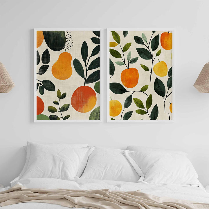 Set of 2 Botanical Abstract Fruit Prints, Farmhouse Orchard Poster, Kitchen Garden Wall Art, Autumn Harvest Apples And Pears Food Decor