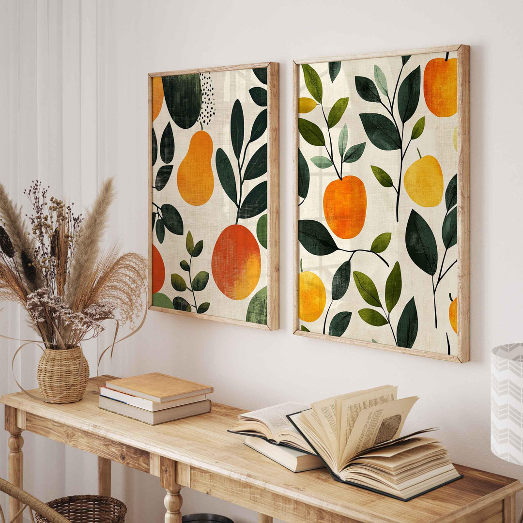 Set of 2 Botanical Abstract Fruit Prints, Farmhouse Orchard Poster, Kitchen Garden Wall Art, Autumn Harvest Apples And Pears Food Decor