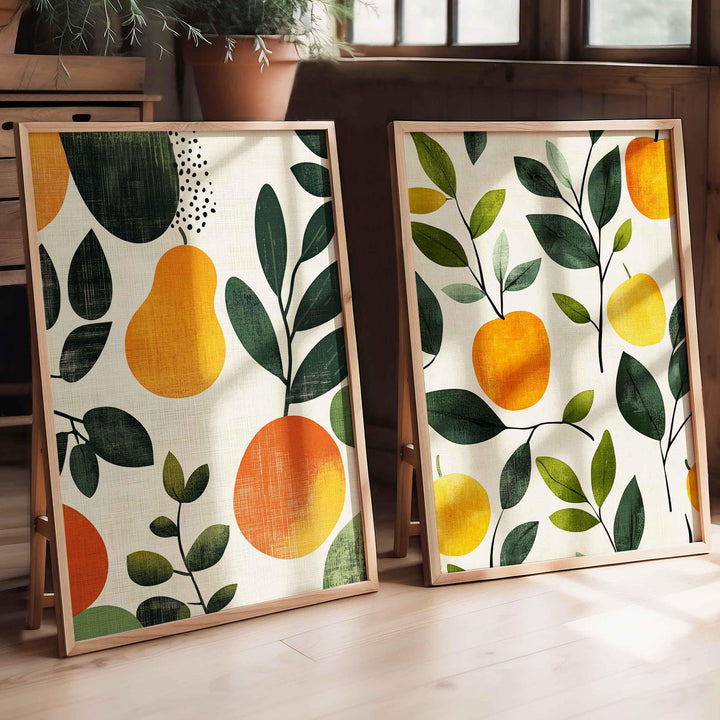 Set of 2 Botanical Abstract Fruit Prints, Farmhouse Orchard Poster, Kitchen Garden Wall Art, Autumn Harvest Apples And Pears Food Decor