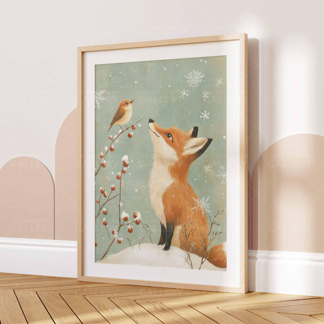 Winter Fox Whimsical Vintage Christmas Print, Winter Holiday Season Wall Decor, Unique Seasonal Gift Idea, Kids Cute Nursery Animal Poster