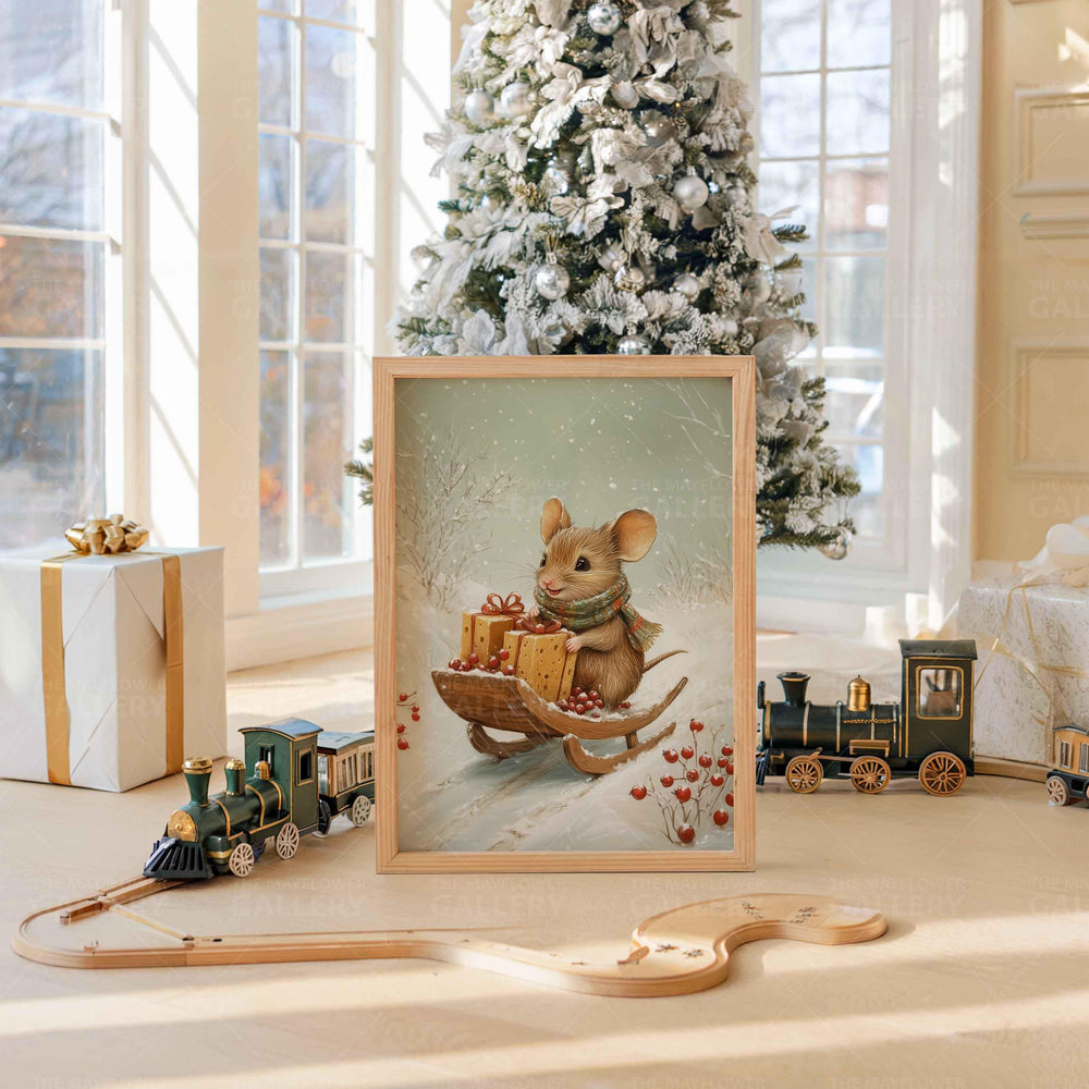 Winter Mouse Whimsical Vintage Christmas Print, Holiday Season Decor, Unique Christmas Gift Idea, Kids Cute Nursery Animal Poster, Snow Art