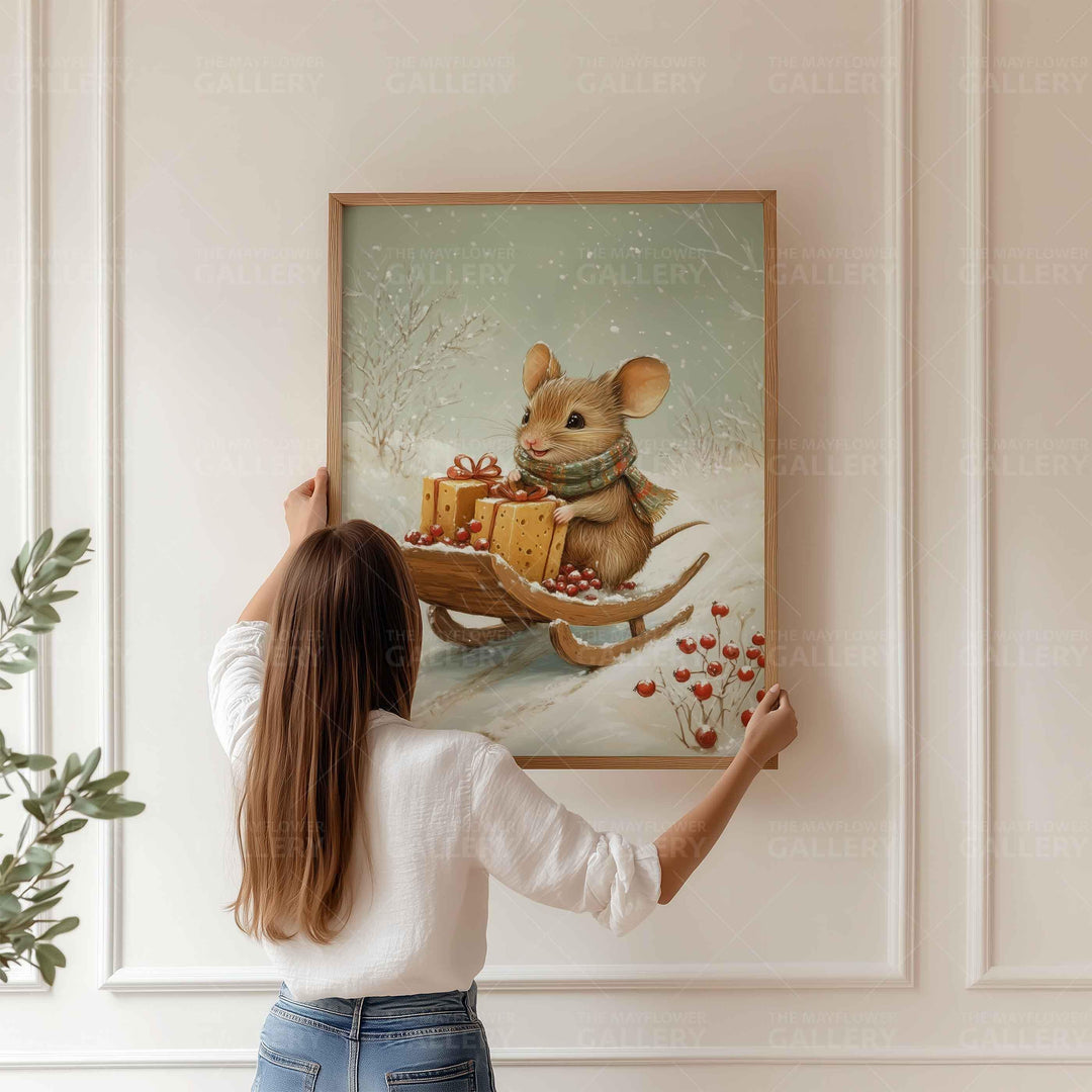 Winter Mouse Whimsical Vintage Christmas Print, Holiday Season Decor, Unique Christmas Gift Idea, Kids Cute Nursery Animal Poster, Snow Art