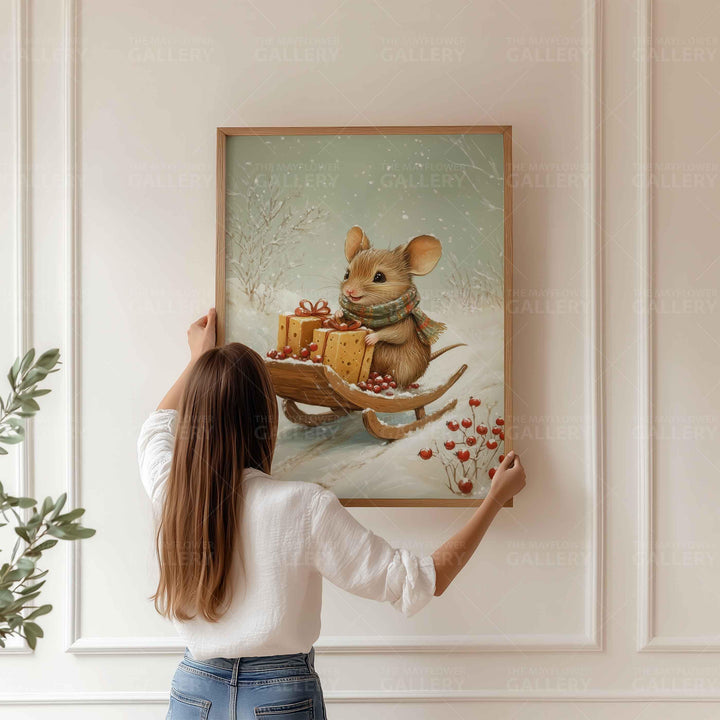Winter Mouse Whimsical Vintage Christmas Print, Holiday Season Decor, Unique Christmas Gift Idea, Kids Cute Nursery Animal Poster, Snow Art