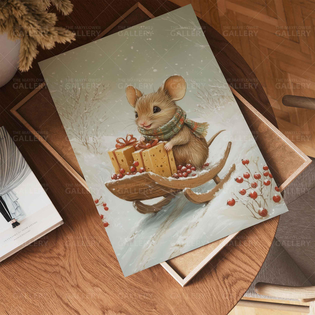 Winter Mouse Whimsical Vintage Christmas Print, Holiday Season Decor, Unique Christmas Gift Idea, Kids Cute Nursery Animal Poster, Snow Art
