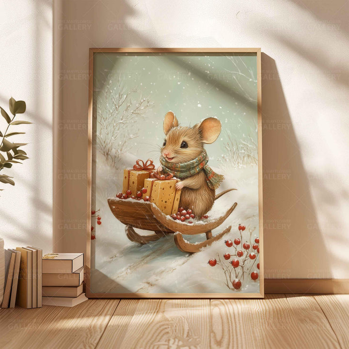 Winter Mouse Whimsical Vintage Christmas Print, Holiday Season Decor, Unique Christmas Gift Idea, Kids Cute Nursery Animal Poster, Snow Art